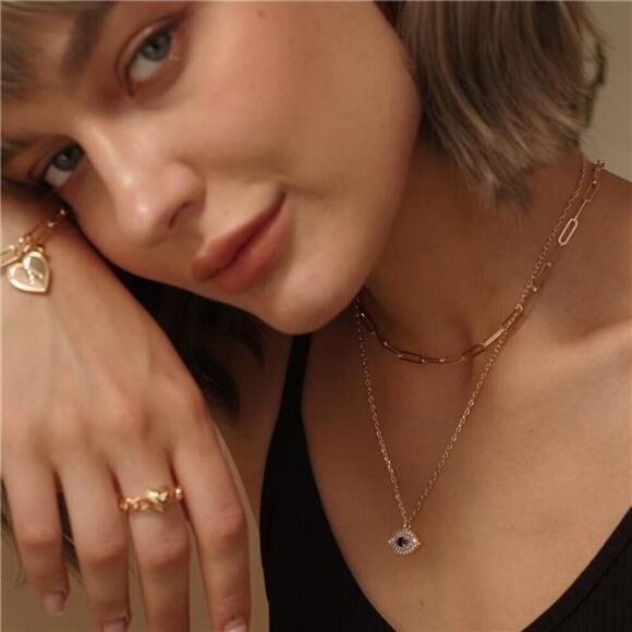 Layered Heart Necklace Pendant Handmade 18k Gold Plated Dainty Choker Arrow - Picture 3 of 7